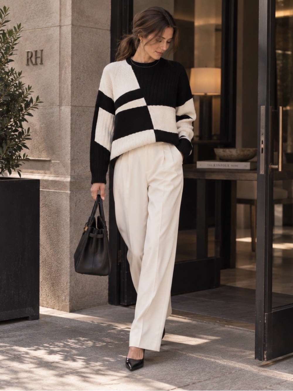 NWT RtA Aimee Wool Blend Geometric Colorblock Knit Sweater Black White Size L